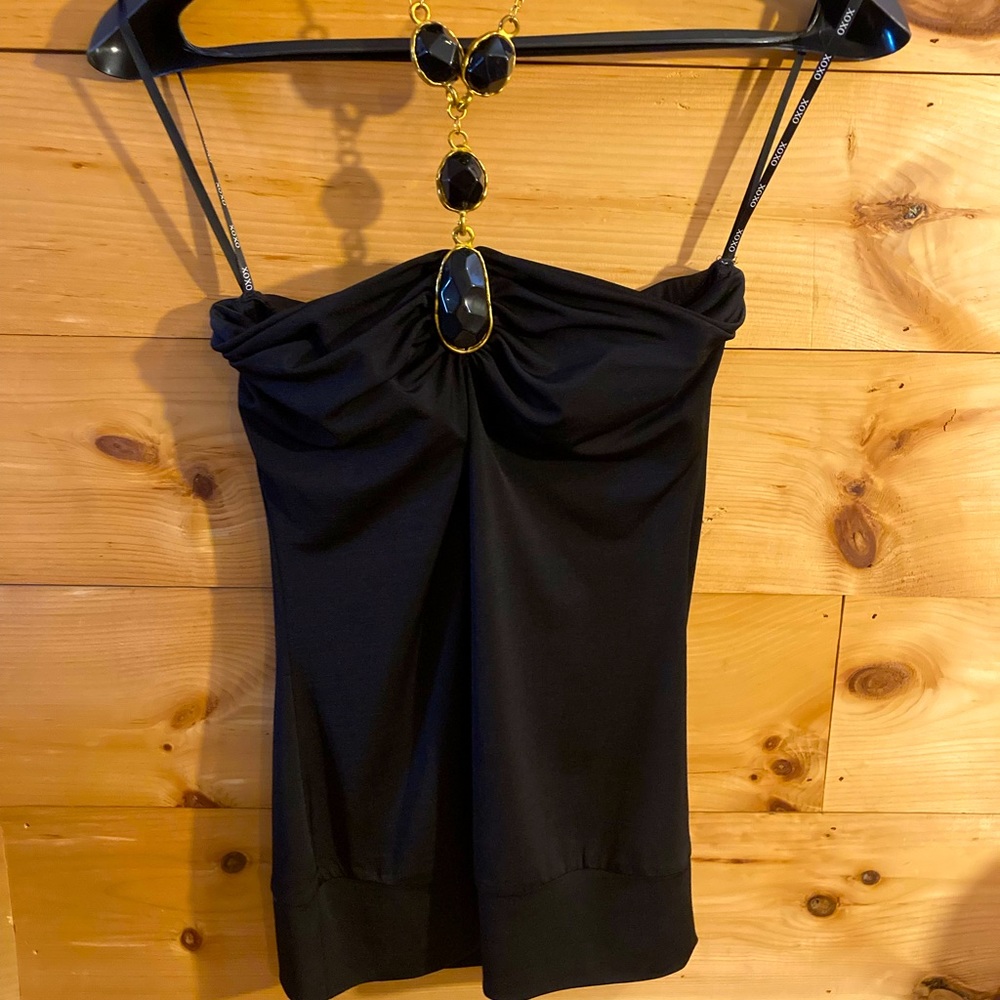Black tube top with black and gold neck strap